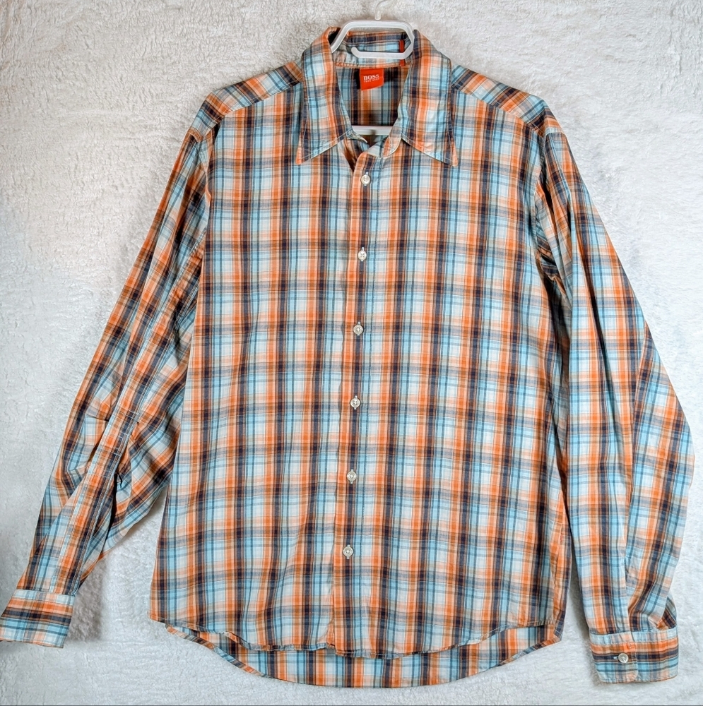 263-Hugo Boss Casual Plaid Shirt in Orange and Blue